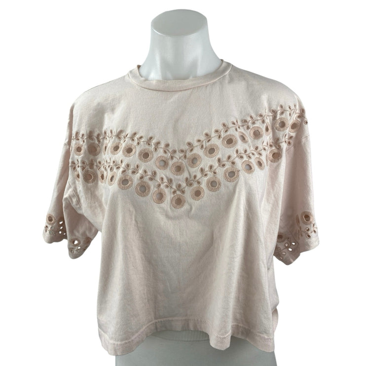 Topshop Pink Floral Embroidered Eyelet Boho Loose Boxy T Shirt Tee Top Size 4/6
