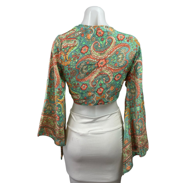 Womens Green Red Floral Paisley Print Bell Sleeve Tie Front Crop Blouse Top Sz S