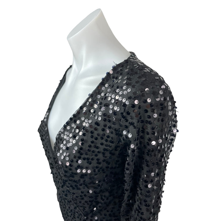 Women's Black Sequin Sparkly Long Sleeve V Neck Evening Gown Maxi Dress Size S/M