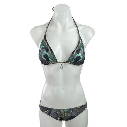 Luxe Savage Green Floral Halter Triangle Two Piece Bikini Swimsuit Swimwear Sz S