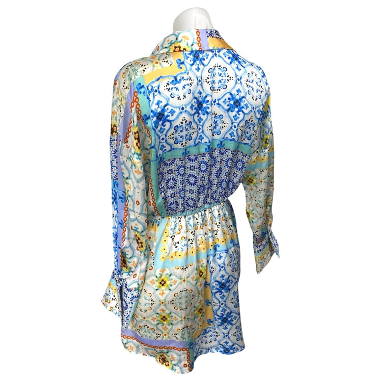 Zara Multicolor Patchwork Floral Long Sleeve Button Down Shirt Mini Dress Sz XS