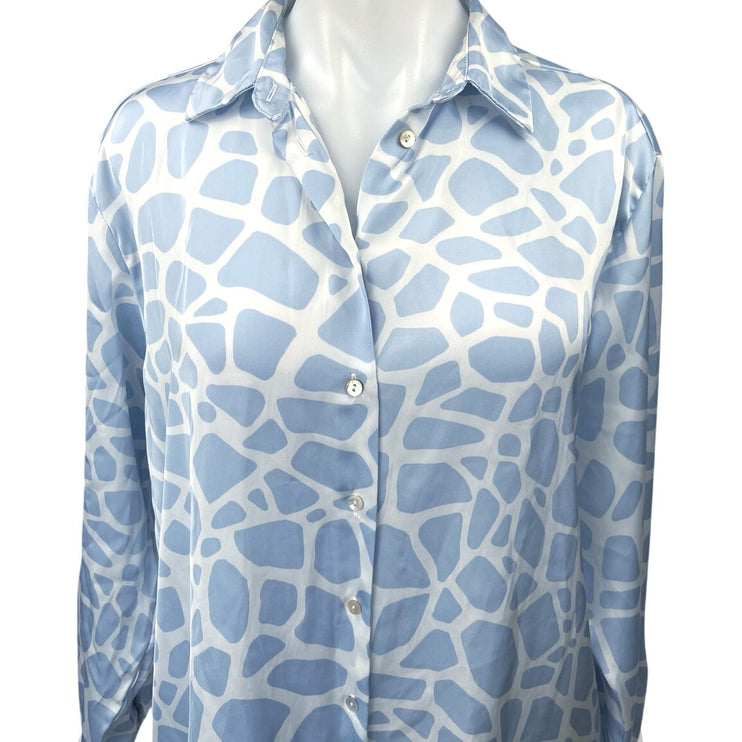 Zara Blue White Silk Satin Animal Print Long Sleeve Button Down Shirt Top Size S