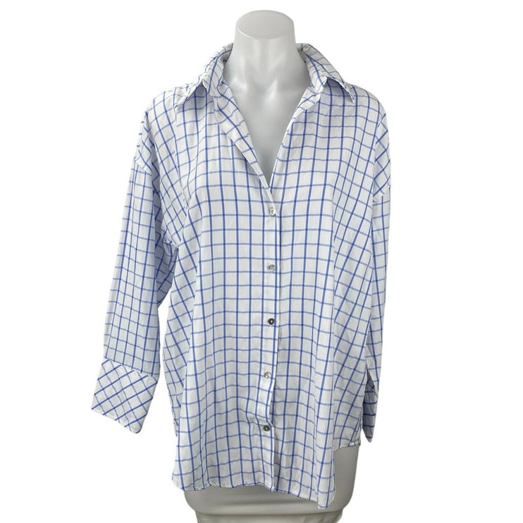Zara Women's White Blue Checkered Long Sleeve Button Up Oversized Shirt Top XS