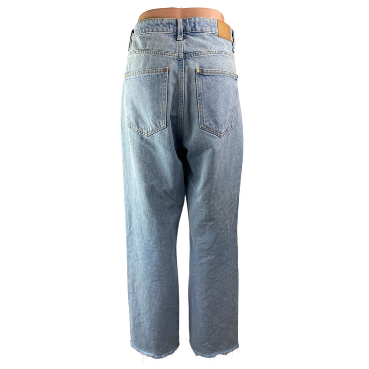 Zara Blue Light Wash High Rise Frayed Hem Straight Wide leg Denim Jeans Pants 8