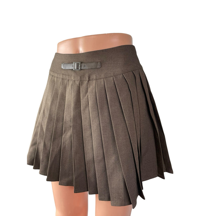 Cider Women's Brown Buckle Pleated High Waist Mini Skater Flare A-Line Skirt XS