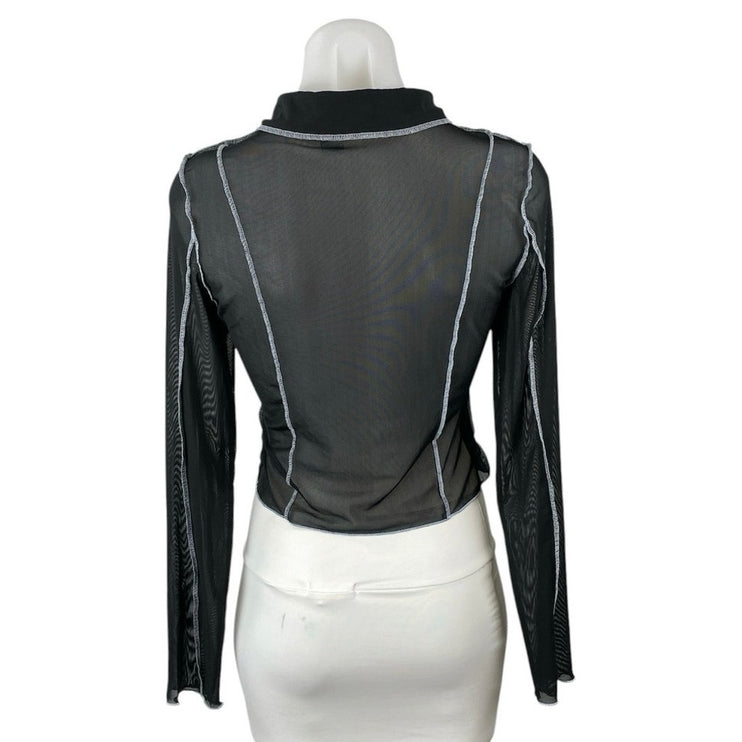 H&M Divided Black Sheer Mesh Collared Long Sleeve Button Down Shirt Blouse Top S