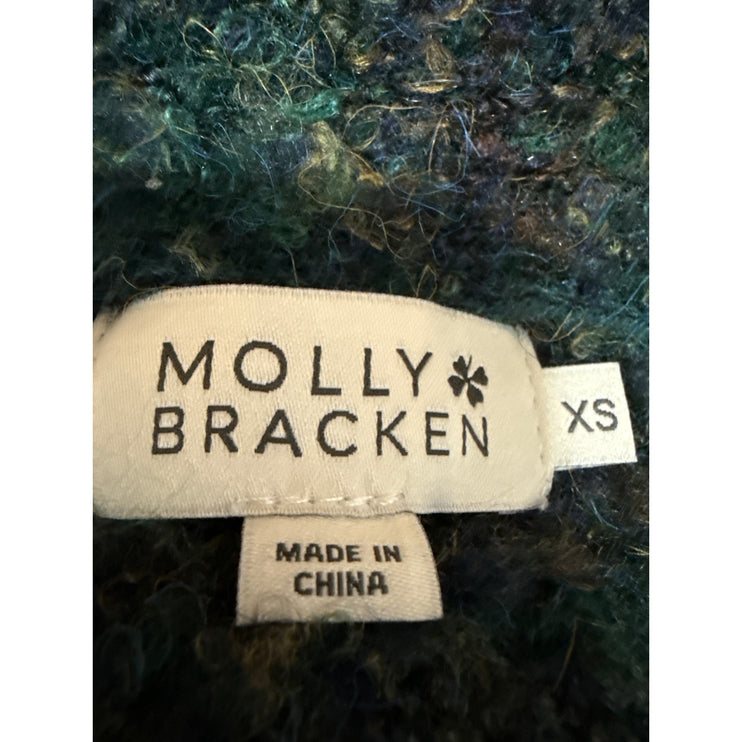 Molly Bracken Green Striped Fuzzy Fleece Button Down Cardigan Sweater Top Sz XS