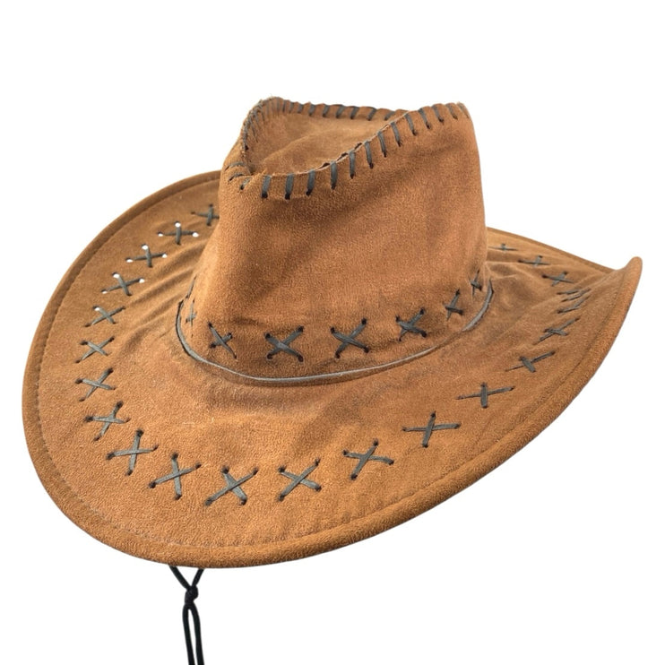 Women's Tan Brown Cowboy Western Stitched Strap Faux Suede Riding Hat One Size