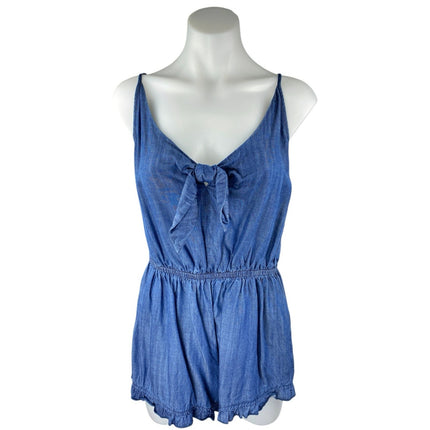 Mossimo Blue Sleeveless Tie Knit Ruffle Chambray Cami Tank Romper Shorts Size S
