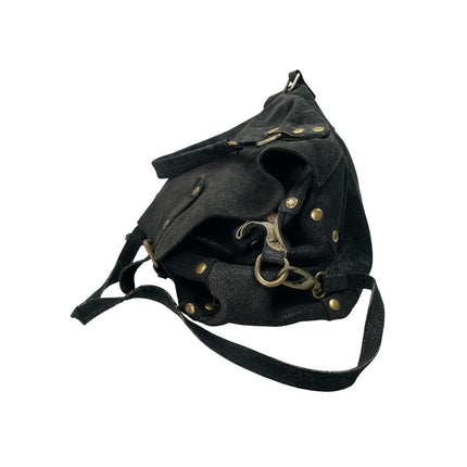 TUSCANY Womens Black Suede Leather Ajustable Crossbody Bag Handbag Purse