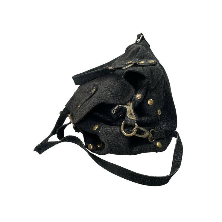 TUSCANY Womens Black Suede Leather Ajustable Crossbody Bag Handbag Purse