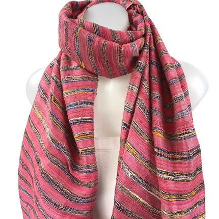 NEW Shinawatra Red Multicolor Striped 100% Silk Fringe Shawl Wrap Scarf OS
