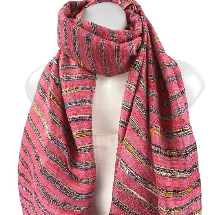 NEW Shinawatra Red Multicolor Striped 100% Silk Fringe Shawl Wrap Scarf OS
