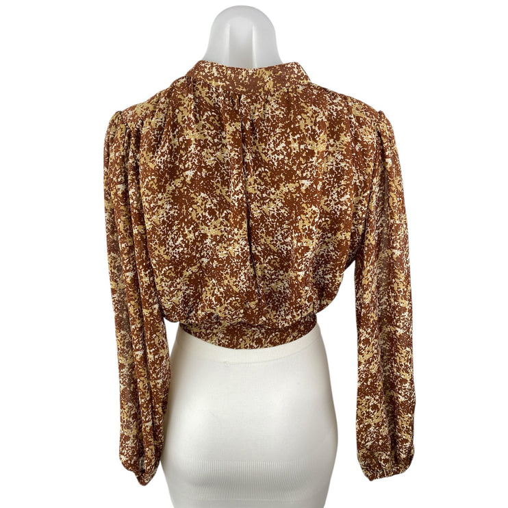 Lush Women's Multicolor Tie Front Long Sleeve High Neck Crop Blouse Top Size M