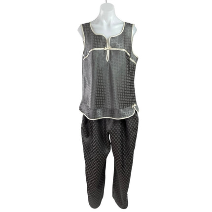 Robert Louis Gray Black Silk Satin Floral Bow Sleeveless Sleepwear Pajamas Set L