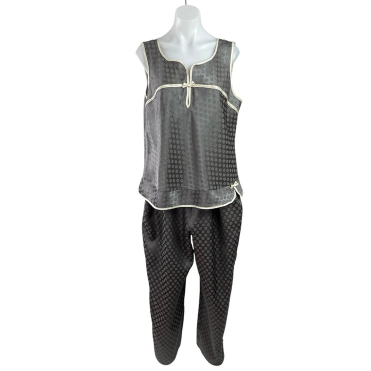 Robert Louis Gray Black Silk Satin Floral Bow Sleeveless Sleepwear Pajamas Set L