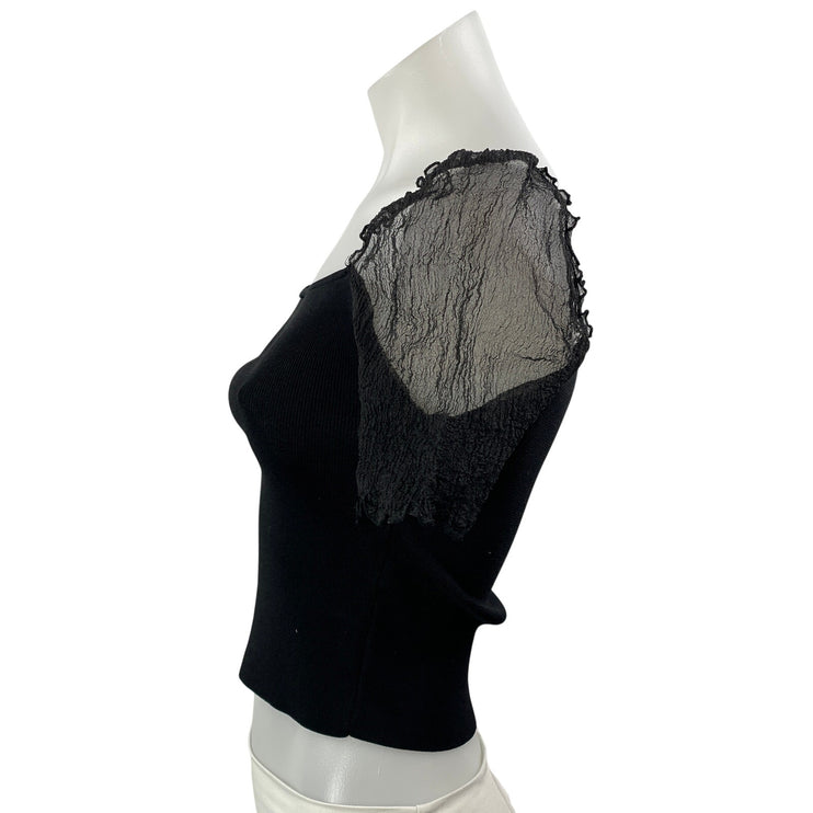 Zara Women's Black Short Sleeve Mesh Sheet Ribbed Knit Blouse Crop Top Size M