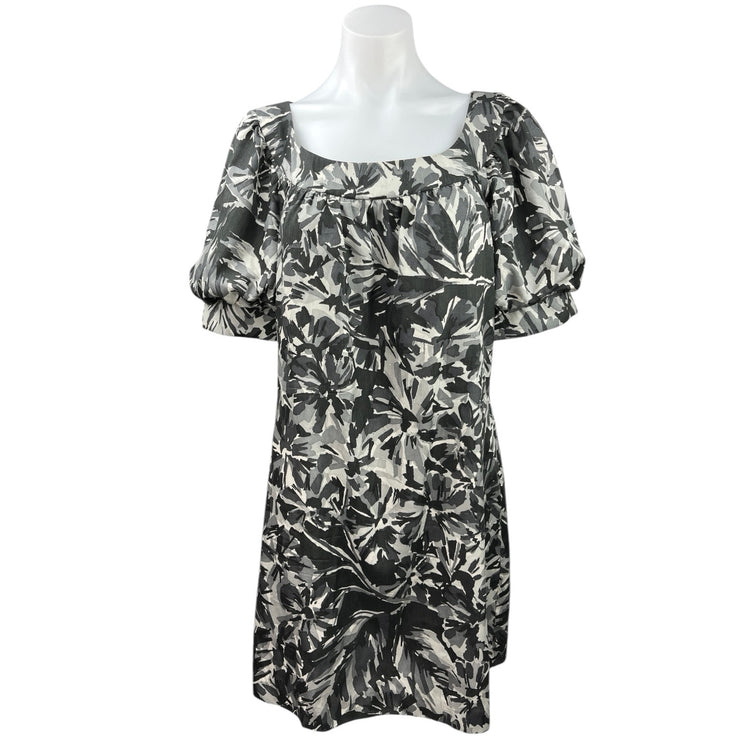 Trina Turk Black Gray Silk Wool Floral Abstract Puff Sleeve Mini Shift Dress 10