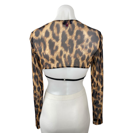Edikted Women's Leopard Print Mesh Sheer Long Sleeve Bolero Shrug Bra Top Size M