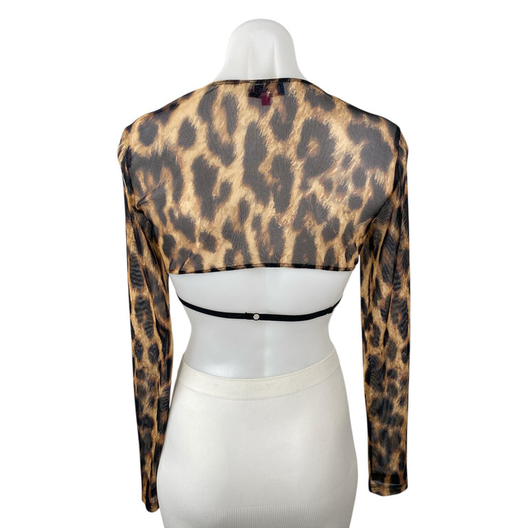 Edikted Women's Leopard Print Mesh Sheer Long Sleeve Bolero Shrug Bra Top Size M