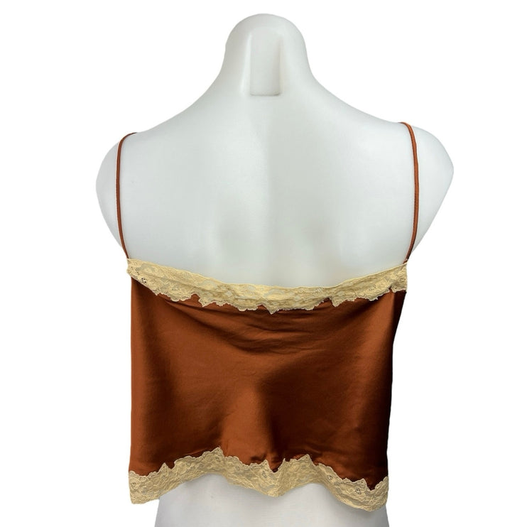 Sabbia Rosa Brown Cream 100% Silk Lace Floral Trim Vneck Cami Lingerie Top Sz M