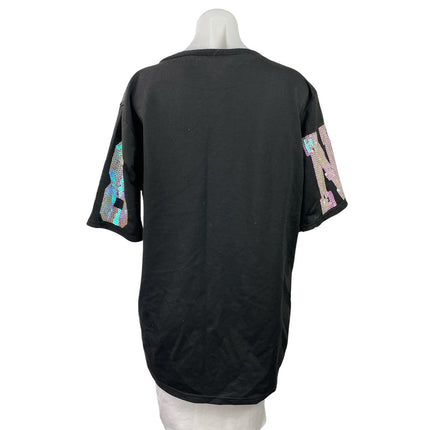 Women's Black Mickey Mouse Sparkly Sequin Oversized T Shirt Tunic Top Size L