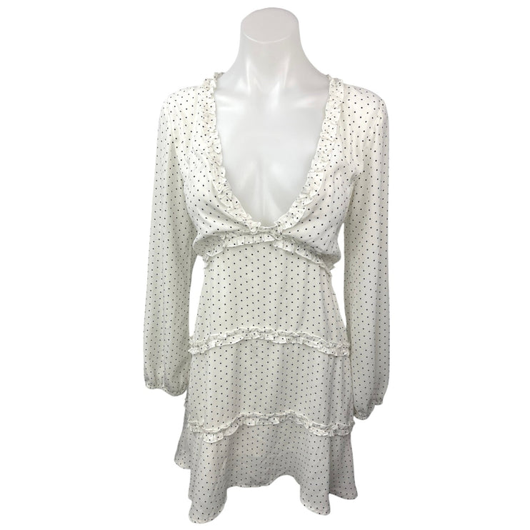 Polly White Polka Dots Ruffle V-neck Long Sleeve Tiered Fit & Flare Mini Dress 6