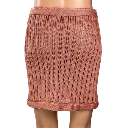 Savannah Morrow Mirana Pink Brown Crochet Knit High Waist Pencil Mini Skirt S