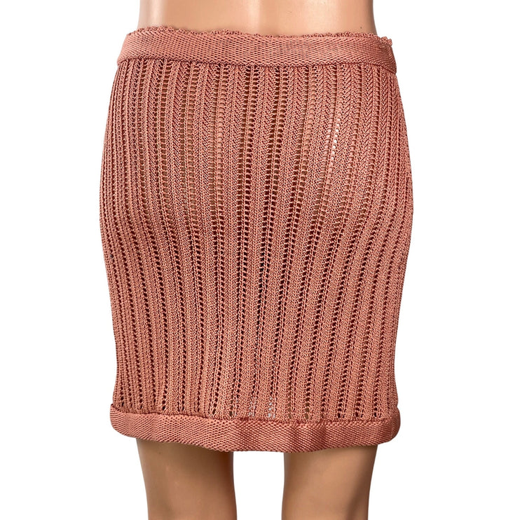 Savannah Morrow Mirana Pink Brown Crochet Knit High Waist Pencil Mini Skirt S