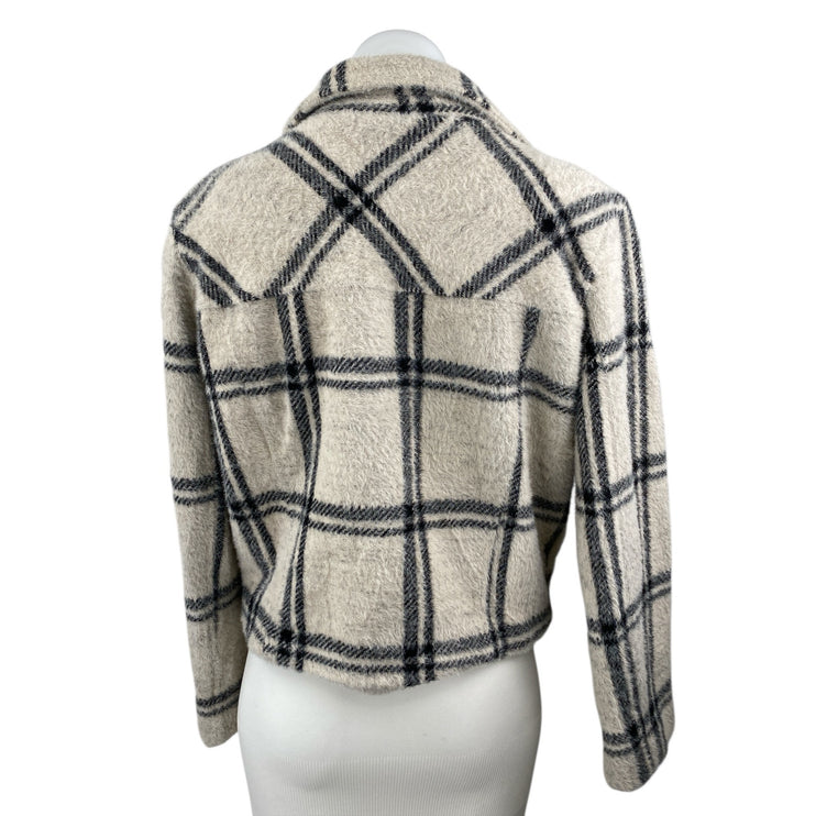 Z Supply Wakefield Plaid Ivory Check Collared Long Sleeve Moto Coat Jacket Sz M