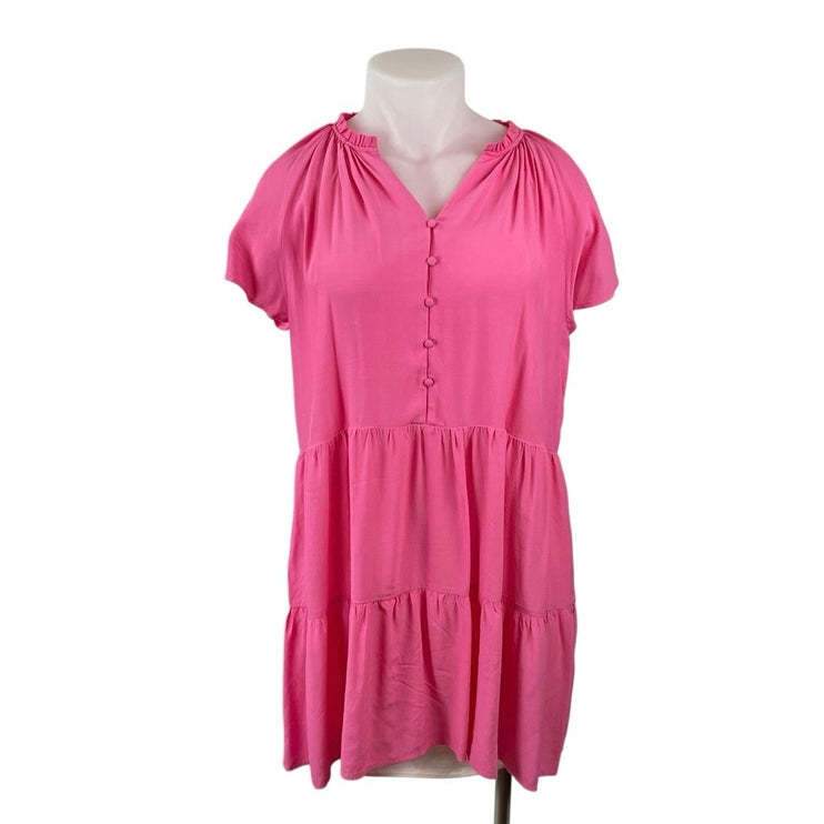 Loft Pink Tiered Ruffle Short Sleeve Button Up Mini Flare A-Line Shift Dress XL