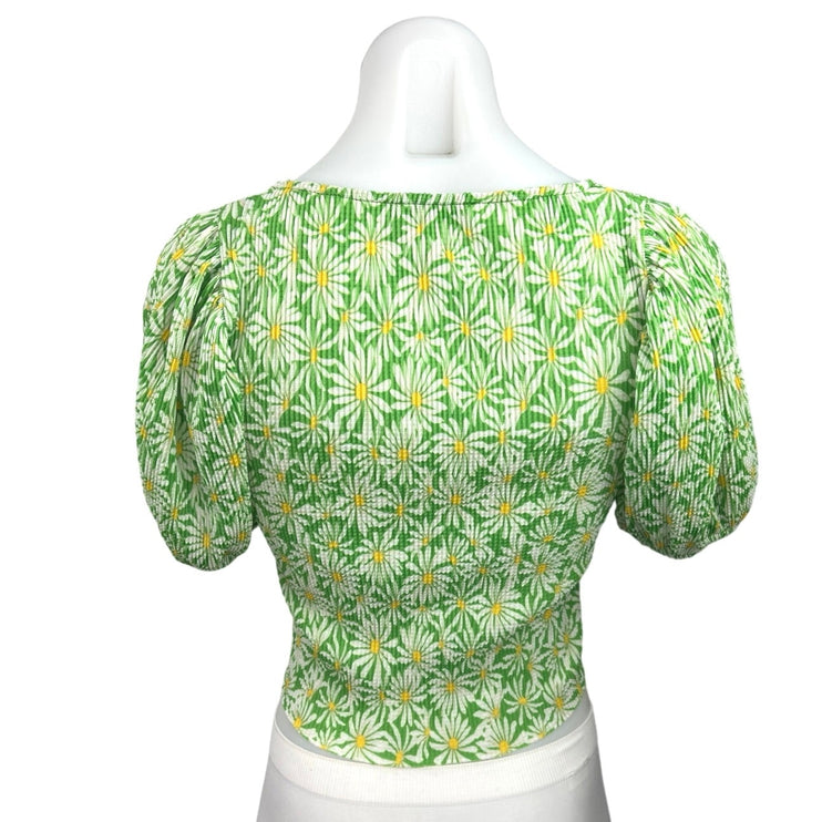 Zara Green Floral Puff Sleeve Deep V Tropical Ruched Tie Crop Blouse Top Size S