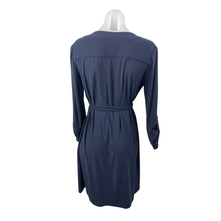 Emma & Michelle Navy Blue Long Sleeve Zip Pocket Tie Waist Mini Shirt Dress Sz S