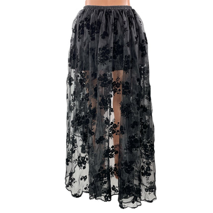 Women's Black High Waisted Floral Asymmetrical Hem Lace Mesh Hi-Low Maxi Skirt S