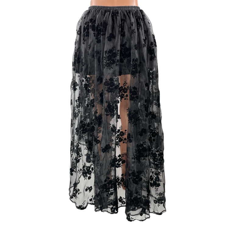 Women's Black High Waisted Floral Asymmetrical Hem Lace Mesh Hi-Low Maxi Skirt S