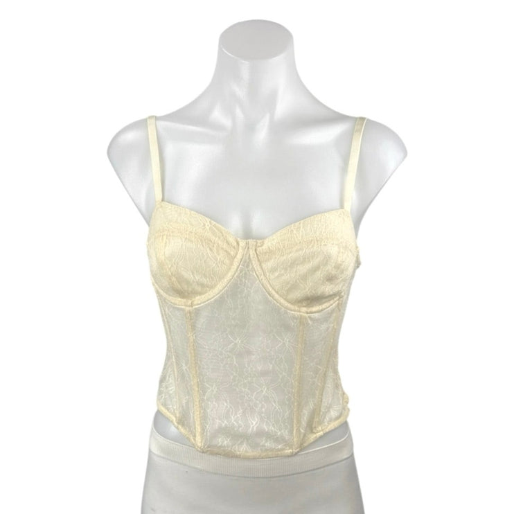 Open Edit Cream Lace Semi Sheer Sleeveless Bustier Corset Cami Tank Top Size S