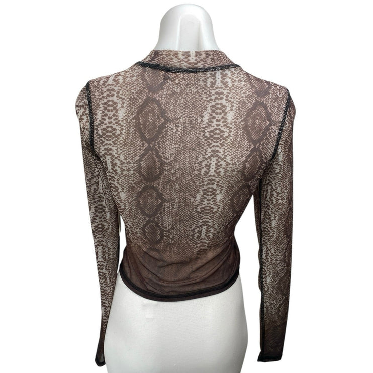 NEW Steele Brown Animal Snake Print Long Sleeve High Neck Crop Shirt Top Size S
