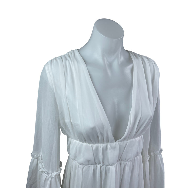 Miss Ord Women's White Deep V Neck Long Sleeve Tiered Mini Flare A-Line Dress XS