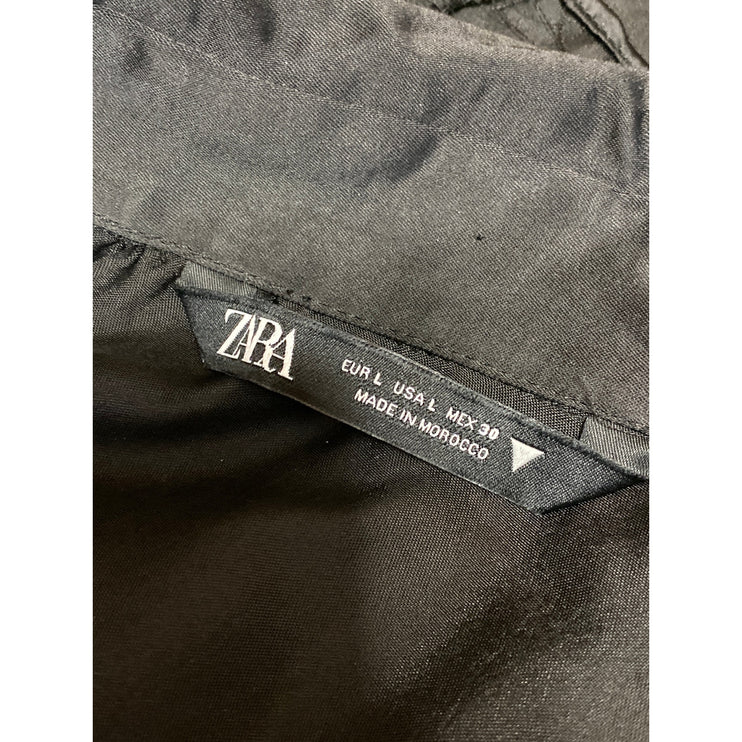 Zara Women's Black Satin Tie Waist Long Sleeve Button Up Crop Shirt Blouse Top L