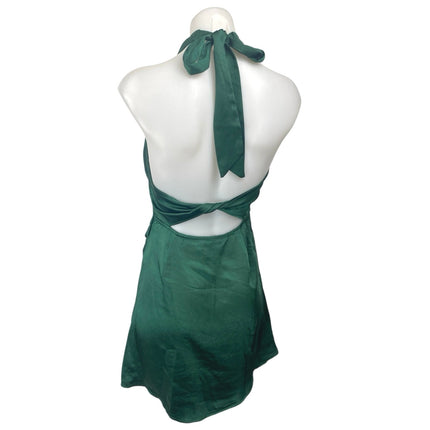 Hello Molly Green Silk Satin Sleeveless Halter Backless Mini A-Line Slip Dress 4