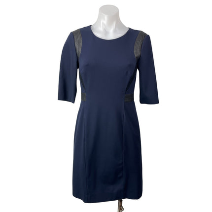 Rebecca Taylor Navy Blue Half Sleeves Faux Leather Lace Shoulder Sheath Dress 4