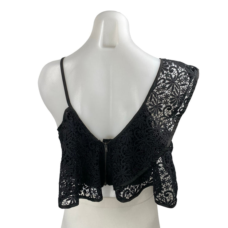 Topshop Women's Black Floral Crochet Lace Ruffle Asymmetrical Crop Tank Top Sz 2