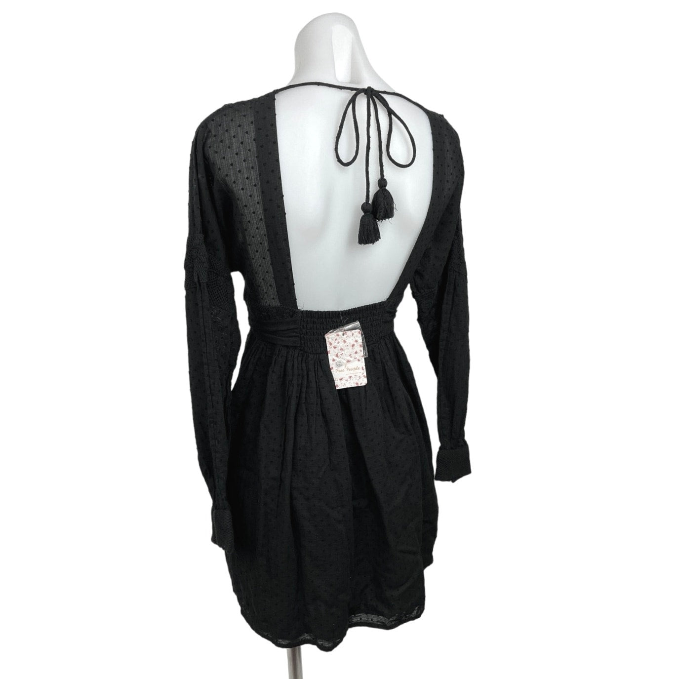 Free People NWT Black Plunge V Neck Open Back Tassel Tie Belted Mini Dress Sz Xs Free People NWT Black Plunge V Neck Open Back Tassel Tie Belted Mini Dress Sz Xs