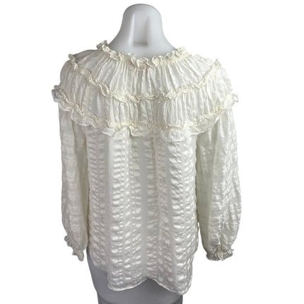 Rebecca Taylor 100% Silk White Striped Ruffle Long Sleeve Tie Neck Blouse Top 8