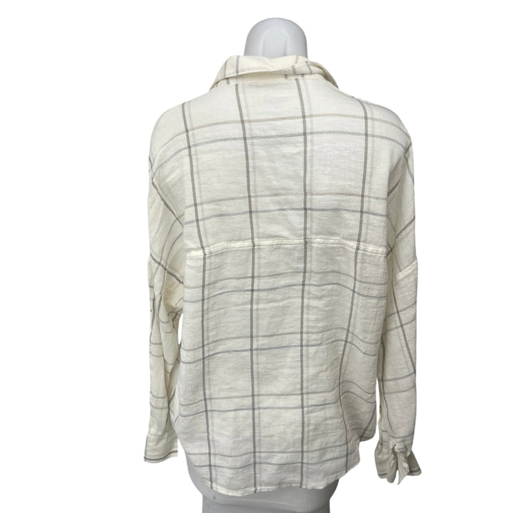 Vince Women's Cream Plaid Pocket V Neck Relaxed Long Sleeve Shirt Top Size L