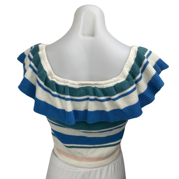 Roxy Multicolor Off The Shoulder Ribbed Knit Ruffle Cropped Sweater Top Size XS