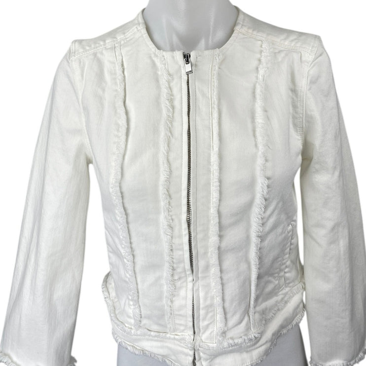 Liverpool Women's White Frayed Fringe Zip Up Long Sleeve Denim Jean Jacket Sz XS