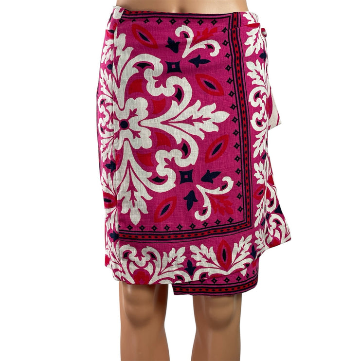 NEW Ann Taylor Pink White Linen-blend Side Tie Sarong Wrap Mini Pencil Skirt S