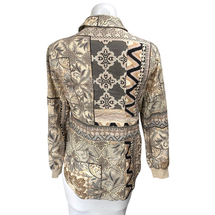 Renuar Women's Brown Tan Geometric Print Long Sleeve Button Down Shirt Top Sz XS