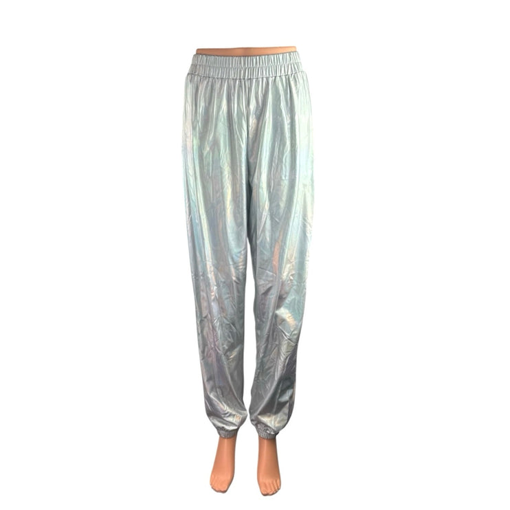 Womens Shiny Metallic Holographic Palazzo Wide Leg Track Jogger Trousers Pants S